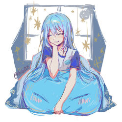  1other alternate_costume artist_name blue_hair blue_shirt blush character_pillow closed_eyes collarbone commentary_request facing_viewer grin hair_between_eyes hand_up head_on_hand indoors lihichi2808 long_hair open_mouth rimuru_tempest rimuru_tempest_(slime) shadow_people shirt short_sleeves smile solo tensei_shitara_slime_datta_ken twitter_username two-tone_shirt under_covers upper_body watermark white_shirt window 