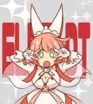  1girl ahoge artist_name blue_eyes bra breasts character_name cleavage cleavage_cutout double_v dress elphelt_valentine gloves grey_background guilty_gear guilty_gear_xrd kill_la_kill lyn_(shunao) mankanshoku_mako open_mouth parody pink_hair red_bra seiyuu_connection short_hair solo sparkle suzaki_aya underwear v veil white_dress 