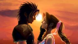  1boy 1girl aerith_gainsborough armor bare_shoulders black_gloves black_hair blue_eyes braid braided_ponytail brown_hair closed_mouth clouds cloudy_sky commentary couple crisis_core:_final_fantasy_vii dress drill_hair drill_sidelocks english_commentary eye_contact final_fantasy final_fantasy_vii from_side gloves green_eyes hair_ribbon hand_on_another's_cheek hand_on_another's_face hetero highres looking_at_another outdoors parted_bangs pink_ribbon ponytail profile ribbon shoulder_armor sidelocks sky sleeveless sleeveless_turtleneck spiky_hair sun sunset sweater turtleneck turtleneck_sweater upper_body vastintrica white_dress zack_fair 