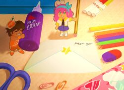  1boy 1girl 2026 aubrey_(faraway)_(omori) aubrey_(omori) blue_eyes blue_hairband blue_skirt bright_pupils brown_hair charlesfirework commentary dark-skinned_male dark_skin denim denim_skirt double-parted_bangs envelope eraser grin hair_between_eyes hairband hand_on_own_hip highres holding holding_pencil jacket kel_(faraway)_(omori) kel_(omori) long_hair marker mini_person miniboy minigirl omori open_clothes open_jacket orange_shoes orange_shorts paperclip pencil pink_hair scissors shoes short-sleeved_jacket short_hair short_sleeves shorts skirt smile sneakers standing teeth untranslatable_commentary white_jacket white_pupils white_shoes 