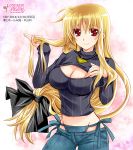  1girl alternate_costume artist_name bikini_jeans blonde_hair breasts cleavage cleavage_cutout fate_testarossa jewelry kanna_(plum) long_hair looking_at_viewer low-tied_long_hair lowleg lowleg_pants lyrical_nanoha mahou_shoujo_lyrical_nanoha_strikers necklace open-chest_sweater pants red_eyes ribbed_sweater smile solo sweater turtleneck turtleneck_sweater very_long_hair watermark web_address 