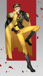  1boy absurdres belt belt_buckle black_belt black_boots black_gloves blonde_hair boots buckle buttons closed_mouth coat coat_on_shoulders collared_shirt commentary_request double-breasted fate_(series) full_body gilgamesh_(fate) gilgamesh_(wada_arco_exhibition)_(fate) gloves grey_background hair_between_eyes hand_up hat highres long_sleeves looking_at_viewer male_focus military_hat military_uniform necktie pants petals raisakaki01 red_background red_eyes red_necktie red_petals shirt short_hair simple_background smile solo two-tone_background yellow_pants 