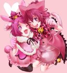  2girls ;d aida_mana animal_ears bell black_legwear bow bunny_tail cat_ears cat_tail dokidoki!_precure eye_contact flipped_hair half_updo jingle_bell looking_at_another mirrrrr multiple_girls one_eye_closed open_mouth panther_pink_(precure) paw_pose personification pink pink_background pink_eyes pink_hair pink_skirt precure rabbit_ears ribbon sharuru_(dokidoki!_precure) shawl shoes short_hair skirt smile tail thigh-highs 