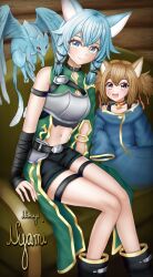  2girls :d animal_ear_fluff animal_ears ankle_boots arm_strap armor artist_name bell black_boots black_shorts blue_eyes blue_hair blue_robe boots breastplate breasts brown_eyes brown_hair cat_ears cat_girl child closed_mouth clothing_cutout commentary couch dated_commentary double-parted_bangs dragon dress english_commentary feathered_dragon feet_out_of_frame green_dress grey_armor hair_between_eyes highres looking_at_viewer medium_hair midriff multiple_girls namiya_nyami navel neck_bell on_couch open_mouth robe short_shorts shorts silica silica_(sao-alo) single_sleeve sinon sinon_(sao-alo) sitting sleeves_past_fingers sleeves_past_wrists small_breasts smile stomach_cutout sword_art_online teeth thigh_strap tongue twintails upper_teeth_only watermark 