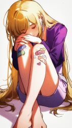 1girl bandaid bandaid_on_knee bandaid_on_leg barefoot blonde_hair closed_eyes commentary dress earrings english_commentary er-ytz gravity_falls highres hoop_earrings jacket jewelry knees_up long_hair pacifica_northwest purple_dress purple_jacket sitting solo very_long_hair white_background 
