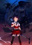  1girl brown_eyes character_request damaged gloves kuro-ye mecha microphone_stand purple_hair robot science_fiction severed_arm severed_limb skirt thigh-highs 