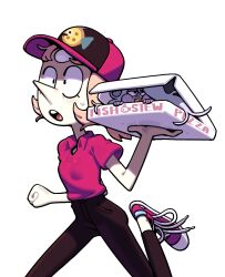  2girls :o alternate_costume amethyst_(steven_universe) colored_skin delivery discount-supervillain eating forehead_jewel gem gem_(steven_universe) long_hair mini_person minigirl multiple_girls official_style open_mouth pale_skin pants pearl_(gemstone) pearl_(steven_universe) pizza_box pizza_delivery pointy_nose polo_shirt round_nose running shirt shoes short_hair skinny sneakers steven_universe toon_(style) 