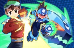  1boy assault_visor blue_bodysuit bodysuit brown_hair commentary english_commentary geo_stelar_(mega_man) goggles goggles_on_head green-tinted_eyewear henshin_pose jewelry male_focus mega_man_(series) mega_man_star_force_(series) omega-xis_(mega_man) pendant red-tinted_eyewear red_shirt shirt shoulder_pads star_force_mega_man staticblu tinted_eyewear 