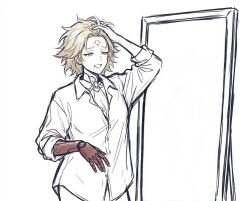  1girl blonde_hair commentary_request facial_mark girls'_frontline_2:_exilium girls_frontline igla_(girls'_frontline_2) mechanical_hands milk_tea_(freesky1031) mirror mole shirt single_mechanical_hand white_background white_shirt yellow_eyes 