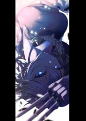  1girl absurdres apron arm_up between_fingers blue_eyes blue_vest blurry bow braid closed_mouth commentary_request depth_of_field eyelashes green_bow grey_hair hair_between_eyes hair_bow highres holding holding_knife izayoi_sakuya knife kodouirasto light_particles looking_at_viewer maid maid_apron maid_headdress pillarboxed short_hair solo touhou twin_braids upper_body upside-down vest waist_apron white_apron white_headdress 