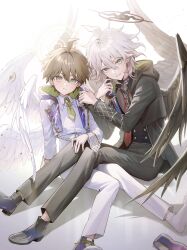  2boys absurdres ahoge angel_wings black_collar black_hoodie black_pants black_shirt blue_shoes brown_eyes brown_hair chain chain_leash coat collar collar_chain_(jewelry) commentary_request danganronpa:_trigger_happy_havoc danganronpa_(series) danganronpa_2:_goodbye_despair dappled_sunlight drop_shadow facing_another feathered_wings finger_to_face green_necktie halo hand_on_another's_knee hand_on_another's_leg hand_on_ground hand_rest highres hood hoodie jacket kn0309dg komaeda_nagito leaning_on_person leash leather leather_jacket light_particles looking_to_the_side loose_necktie male_focus multiple_boys multiple_wings naegi_makoto necktie open_clothes open_coat open_hoodie outstretched_leg pants polo_shirt red_halo red_necktie shirt shoes sitting sitting_on_person socks spiked_halo sunlight unworn_shoes wavy_hair white_background white_coat white_hair white_halo white_hoodie white_pants white_socks white_wings wings 