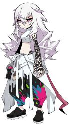  1girl arm_tattoo baggy_pants bare_shoulders belt black_pants black_shoes breasts bright_pupils can clothes_around_waist eyeshadow finger_tattoo graffiti guernica_(p5t) hair_between_eyes hand_tattoo hip_tattoo jacket jacket_around_waist long_hair loose_belt makeup medium_breasts mouse_tail navel official_art oribe_hanako paint_on_clothes paint_splatter pants persona persona_5 persona_5_tactica pink_eyes red_eyeshadow shirt shoes sleeveless sleeveless_shirt solo spray_can spray_paint tail tank_top tattoo tattoo_sleeve transparent_background two-tone_pants very_long_hair wavy_hair white_belt white_hair white_jacket white_pants white_pupils white_tank_top 