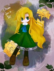  1girl achdimensionary arms_behind_back ascot black_thighhighs blonde_hair blue_ascot blue_eyes brown_shoes closed_mouth collared_dress dress english_text flower green_dress ib_(kouri) long_hair looking_at_viewer mary_(ib) shoes signature smile solo thigh-highs very_long_hair yellow_flower 