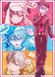  1boy aoyagi_touya arms_up blue_hair booo!_(vocaloid) calendar_(object) choker closed_mouth commentary_request copyright_name corrupted_twitter_file ear_piercing earrings fingernails food fork full_body grey_eyes hair_between_eyes hand_on_own_cheek hand_on_own_face hand_up hat heart highres holding hotokenozan_(hotoke_235) jacket jewelry l_hand layered_clothes long_sleeves looking_at_viewer male_focus mole mole_under_eye multicolored_hair musical_note official_alternate_costume one_eye_closed open_clothes open_hand open_jacket open_mouth pants parted_lips piercing pochacco project_sekai pudding ring sanrio sekai_ni_hibike!_your_song_(project_sekai) short_hair smile spoon standing sweater take_the_best_shot!_(project_sekai) twitter_username two-tone_hair 