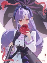  1girl absurdres ahoge black_nails box breasts center_frills commentary covered_mouth cowboy_shot dated drill_hair english_commentary frills hairband heart-shaped_box highres holding holding_box holding_umbrella long_hair long_sleeves looking_at_viewer mole mole_under_eye odd_(hin_yari) pointy_ears purple_hair red_eyes simple_background solo umbrella valentine vivian_banshee white_background zenless_zone_zero 