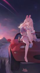  1girl ahoge animal_ears animal_slippers anklet asymmetrical_footwear bare_legs blue_coat bottle bow braid car coat ear_bow floating_hair from_below full_body hair_between_eyes hair_bow hair_ornament hairpin highres hiroside jewelry long_hair looking_afar mazda_mx-5 mazda_mx-5_na mismatched_footwear motor_vehicle mountain multicolored_coat multiple_hair_bows multiple_hairpins on_car outdoors phase_connect pink_coat pink_eyes pink_hair pink_shorts pink_tank_top pipkin_pippa pipkin_pippa_(1st_costume) rabbit rabbit_ears rabbit_girl rabbit_hair_ornament red_car shoes shorts side_braids single_bare_foot single_shoe sitting sleeves_past_fingers sleeves_past_wrists slippers soda_bottle solo sports_car star_(sky) sunrise tank_top 