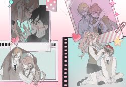  1girl 4boys ;d ^_^ ankle_socks artist_request bandaid bandaid_on_face bandaid_on_nose black_collar black_hair black_hoodie black_necktie black_shoes black_skirt blonde_hair blue_eyes blush brown-framed_eyewear brown_hair brown_jacket brown_shirt brown_vest chinese_commentary cigarette closed_eyes collage collar commentary_request commission cross cross_necklace dating degrees_of_lewdity double-parted_bangs dress dress_shirt embarrassed eyebrow_piercing face_piercing fish_skeleton_hair_ornament floating_clothes floating_hair gag green_eyes hair_between_eyes hair_intakes hair_ornament happy head_wreath heart hetero high_ponytail highres holding holding_umbrella holding_unworn_clothes holding_unworn_jacket hood hood_up hoodie improvised_gag improvised_umbrella indian_style jacket jacket_over_head jewelry kneeling kylar_(degrees_of_lewdity) kylar_(male)_(degrees_of_lewdity) loafers long_hair long_sidelocks long_sleeves looking_ahead looking_at_another loose_socks low_ponytail male_yandere mary_janes miniskirt multiple_boys multiple_views necklace necktie nervous one_eye_closed open_collar open_mouth pale_skin photo_(object) piercing player_character_(degrees_of_lewdity) player_character_(female)_(degrees_of_lewdity) pleated_skirt polaroid_photo ponytail rain robin_(degrees_of_lewdity) robin_(male)_(degrees_of_lewdity) scared school_uniform second-party_source semi-rimless_eyewear shared_improvised_umbrella shirt shoes short_hair side_ponytail sidelocks simplified_chinese_commentary sitting skirt sleeves_past_wrists slit_pupils smile smoking socks sparkle sweatdrop swept_bangs sydney_(degrees_of_lewdity) sydney_(male)_(degrees_of_lewdity) tape tape_gag tearing_up twirling_hair umbrella under-rim_eyewear unworn_jacket vest violet_eyes white_dress white_socks whitney_(degrees_of_lewdity) whitney_(male)_(degrees_of_lewdity) wing_collar wolf_cut x_hair_ornament yandere yellow_eyes 