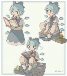  1girl :3 ? ?? bloomers blue_bow blue_dress blue_eyes blue_hair blue_shoes book bow chigu cirno closed_mouth commentary_request detached_wings dress flower frog hair_bow highres holding holding_book ice ice_wings mary_janes multiple_views pinafore_dress puffy_short_sleeves puffy_sleeves reading shoes short_sleeves sitting sleeveless sleeveless_dress socks touhou translation_request twitter_username white_bloomers white_socks wings 