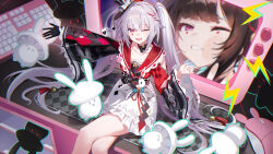  1girl amagasa_yun black_gloves braid commentary_request computer_keyboard computer_mouse detached_sleeves diamond_(shape) diamond_facial_mark dual_persona facial_mark gloves hat heart heart_facial_mark highres honkai:_star_rail honkai_(series) lightning_bolt_symbol long_hair looking_at_viewer mini_hat mini_top_hat monitor multicolored_hair on_table one_eye_closed open_mouth pink_eyes sitting smile solo sparkle_(honkai:_star_rail) sparxie_(honkai:_star_rail) streaked_hair table top_hat twintails white_hair 