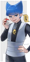  1boy :d absurdres black_pants black_shirt blue_eyes blue_hair blunt_bangs commentary_request cowboy_shot grey_vest hand_on_own_hip hand_up highres holding holding_poke_ball logo long_sleeves male_focus open_mouth pants poke_ball poke_ball_(basic) pokemon pokemon_dppt saturn_(pokemon) shirt smile solo sugino_(su_ginoo) team_galactic team_galactic_uniform twitter_username vest 