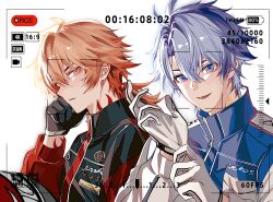  2boys absurdres antenna_hair arm_tattoo black_gloves blonde_hair blue_eyes chinese_commentary commentary_request facial_tattoo gloves gradient_hair highres honkai:_star_rail honkai_(series) jumpsuit male_focus medium_hair multicolored_hair multiple_boys mydei_(honkai:_star_rail) neck_tattoo parted_bangs phainon_(honkai:_star_rail) ponytail racing_suit red_hair red_tattoo short_hair tattoo viewfinder white_gloves white_hair xinjinjumin623876245871 yellow_eyes 