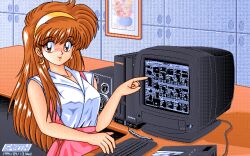  1girl artist_logo blush breasts brown_hair computer_keyboard crt dated dated_commentary desk earth_(earth_cg_gallery) hairband hand_up indoors logo long_hair looking_at_viewer medium_breasts monitor original painting_(object) pc-98_(style) pink_skirt pixel_art pointing pointing_at_object shirt skirt sleeveless sleeveless_shirt solo suspender_skirt suspenders tile_wall tiles tongue tongue_out upper_body white_shirt yellow_hairband 