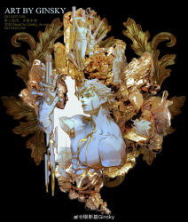  1boy absurdres artist_name black_background book butterfly_brooch carriage castle chinese_commentary closed_mouth coin collarbone colored_skin commentary_request cropped_torso disembodied_hand fingerless_gloves ginsky2000 gloves gold highres holding holding_sword holding_weapon jojo_no_kimyou_na_bouken jonathan_joestar ladybug_brooch luck_and_pluck male_focus muscular muscular_male peace_symbol pectorals phantom_blood red_stone_of_aja severed_head ship short_hair solo statue stone_mask_(jojo) sword topless_male upper_body watercraft watermark weapon weibo_username weibo_watermark white_hair white_skin yellow_theme 