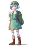  1girl backpack bag blue_eyes blue_hair boots brown_boots hair_bobbles hair_ornament hat kawashiro_nitori key knee_boots long_sleeves looking_at_viewer open_mouth shirt short_hair simple_background skirt skirt_set smile solo thigh-highs touhou twintails white_background white_legwear 