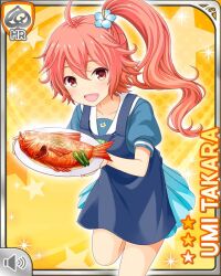  1girl :d ahoge apron blue_apron blue_serafuku blue_shirt blue_skirt brown_eyes card_(medium) character_name fish flower food girlfriend_(kari) hair_flower hair_ornament holding holding_plate looking_at_viewer miniskirt official_art pink_hair plate pleated_skirt qp:flapper school_uniform serafuku shirt short_sleeves side_ponytail skirt smile solo standing takara_umi thighs yellow_background 