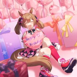  1girl animal_ears balloon black_bow blush bow box brown_hair center_frills closed_eyes commentary frills gift gift_box hair_between_eyes hair_bow hanong_06 happy_birthday heart heart-shaped_pillow heart_balloon holding horse_ears horse_girl horse_tail multiple_hair_bows open_mouth pillow pink_bow pink_skirt pink_socks puffy_short_sleeves puffy_sleeves purple_bow red_socks shirt shoes short_sleeves sitting skirt smart_falcon_(love_4ever)_(umamusume) smart_falcon_(umamusume) smile socks solo suspender_skirt suspenders tail twintails umamusume white_shirt wrist_cuffs 
