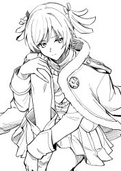  1girl boots closed_mouth commentary daiba_nana fur-trimmed_jacket fur_trim greyscale highres jacket jacket_on_shoulders karate_(karatedazey) knee_boots leg_up long_sleeves looking_at_viewer monochrome pleated_skirt shoujo_kageki_revue_starlight simple_background sitting sketch skirt solo swept_bangs two_side_up untranslatable_commentary upper_body white_background 