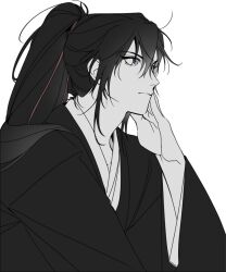  1boy bishounen black_hair black_hanfu chinese_clothes closed_mouth commentary_request from_side grey_eyes greyscale hair_between_eyes hair_ribbon hand_on_own_cheek hand_on_own_chin hand_on_own_face hand_up hanfu head_rest high_ponytail korean_commentary long_hair long_sleeves looking_afar male_focus modao_zushi monochrome multicolored_hair ponytail red_ribbon ribbon robe sidelocks simple_background solo spot_color sy72784428 upper_body wei_wuxian white_background wide_sleeves 