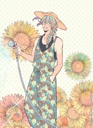  1boy black_shirt braid commentary_request flower green_hair hat highres holding holding_hose hose long_hair makishima_yuusuke male_focus mole mole_under_eye mole_under_mouth multicolored_hair niko20223 one-piece_tan pink_hair shirt smile spraying streaked_hair sun_hat sunflower tan tanlines twin_braids two-tone_hair undershirt yellow_flower yowamushi_pedal 