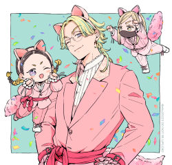  aged_down animal_ears aqua_hair belt black_mask blonde_hair blue_eyes braid brothers brown_hair cat_boy cat_ears cat_tail child confetti earrings fake_animal_ears fake_tail frilled_sleeves frills green_eyes hairband haitani_ran haitani_rindou highres jacket jewelry long_hair long_sleeves looking_at_another looking_at_viewer male_focus mask medium_hair mouth_mask multicolored_hair namco_namja_town niko20223 one_eye_closed pants pink_belt pink_hairband pink_jacket pink_pants pink_suit round_eyewear sanzu_haruchiyo scar scar_on_face scar_on_mouth shirt shoes siblings single_earring smile streaked_hair suit suit_jacket tail tokyo_revengers twin_braids two-tone_hair upper_body violet_eyes white_shirt white_shoes wolf_cut 