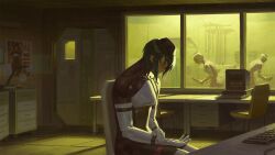  1girl android blue_hair chair closed_eyes computer_keyboard crt desk door drawer eule_(signalis) highres indoors madsraa metal_skin monitor painterly poster_(object) short_hair signalis sitting tile_floor tiles window zombie 