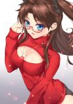  1girl ass between_breasts black_hair black_panties blue_eyes blush breasts cleavage cleavage_cutout fate/stay_night fate_(series) glasses highres jewelry long_hair looking_at_viewer looking_away necklace no_bra open-chest_sweater open_mouth panties pc9527 pendant red_clothes ribbed_sweater solo sweater tohsaka_rin toosaka_rin turtleneck twintails underwear 