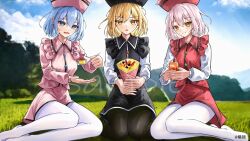  3girls black_hat black_pantyhose black_skirt black_vest blonde_hair blue_eyes blue_hair blue_sky blush chinese_commentary clouds commentary_request commission crepe day drink_carton food hair_between_eyes hat highres holding holding_crepe holding_food holding_juice_box holding_spoon incoming_food juice_box looking_at_viewer lunasa_prismriver lyrica_prismriver medium_hair merlin_prismriver multiple_girls open_mouth pantyhose pink_hair pink_hat pudding red_hat red_skirt red_vest sample_watermark shirt sitting skirt sky smile spoon touhou vest watermark white_pantyhose white_shirt xiaoxijino yellow_eyes 