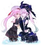  2girls beret dark_persona destroyer_hime dual_persona harusame_(kantai_collection) hat holding_hands kantai_collection machinery masunosushi multiple_girls pink_eyes pink_hair school_uniform serafuku shinkaisei-kan side_ponytail torpedo turret violet_eyes white_hair 