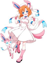  1girl :d blue_eyes blush boots bow bowtie breasts cosplay dress full_body hands_up hat highres higurashi_no_naku_koro_ni looking_at_viewer medium_breasts niyane open_mouth orange_hair pink_boots pokemon pokemon_(creature) rubber_boots ryuuguu_rena short_hair short_sleeves simple_background smile standing standing_on_one_leg sylveon sylveon_(cosplay) white_background white_bow white_bowtie white_dress white_hat 