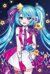  1girl absurdres aqua_hair blush breasts collared_dress commentary_request demcheg dress gloves gradient_hair hair_ornament hair_ribbon hatsune_miku headset highres holding holding_wand long_hair magical_mirai_(vocaloid) magical_mirai_miku magical_mirai_miku_(2022) medium_breasts medium_dress multicolored_gloves multicolored_hair official_alternate_costume official_alternate_hairstyle open_mouth pink_dress pink_gloves pink_hair ribbon sleeveless sleeveless_dress smile solo star_(symbol) star_hair_ornament star_ornament thigh_strap twintails two-tone_dress two-tone_gloves very_long_hair vocaloid wand white_dress white_gloves 