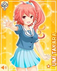  1girl :d ahoge blue_serafuku blue_shirt blue_skirt brown_eyes card_(medium) character_name flower girlfriend_(kari) hair_flower hair_ornament looking_at_viewer miniskirt official_art pink_hair pleated_skirt qp:flapper school_uniform serafuku shirt short_sleeves side_ponytail skirt smile solo standing takara_umi thighs waving yellow_background 