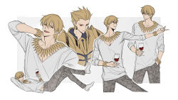  1boy arm_behind_head armor blonde_hair bracelet clenched_teeth closed_mouth commentary_request crossed_legs cup drinking_glass earrings fate/zero fate_(series) gilgamesh_(casual_wear)_(fate/zero) gilgamesh_(fate) hair_between_eyes hand_in_pocket hand_up highres holding holding_cup jewelry long_sleeves looking_at_viewer lying male_focus multiple_views necklace on_back open_mouth outstretched_arm pants parted_lips raisakaki01 red_eyes shirt shoes short_hair simple_background teeth v-neck white_shirt white_shoes wine_glass 