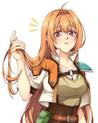  1girl absurdres armor bike_shorts brown_hair closed_mouth cropped_jacket eiyuu_densetsu estelle_bright hair_between_eyes hair_down highres holding holding_own_hair long_hair pauldrons red_eyes shoulder_armor simple_background single_pauldron sora_no_kiseki yuzukiyo 