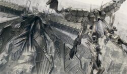  absurdres answerer armored_core armored_core:_for_answer arms_fort_(armored_core) boss_fight city exhaust floating flying fromsoftware grey_background gun highres holding holding_gun holding_weapon huge_weapon mecha mechanical_arms no_humans post-apocalypse robot ruins tsudzura_(hiyokonohina831) weapon white_glint 