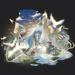  1girl 37_(reverse:1999) absurdres ancient_greek_clothes black_background blue_eyes blue_hair blue_sky broken_pillar chinese_commentary closed_mouth clouds commentary_request flower from_side full_body gewang_ioi glowing_bird greco-roman_clothes hair_between_eyes highres long_hair looking_at_viewer partially_submerged plant red_flower reverse:1999 sitting sky smile solo toga very_long_hair water 