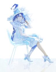  1girl absurdres blue_eyes blue_hair chair closed_mouth commentary_request dress gloves hair_between_eyes hat high_heels highres long_hair looking_at_viewer mi_deng on_chair platform_heels reverse:1999 shoes simple_background single_glove single_leg_pantyhose sitting solo very_long_hair voyager_(reverse:1999) white_background white_dress white_shoes wide_brim 