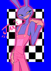  1boy absurdres animal_ears black_eyes character_name collarbone colored_sclera colored_teeth commentary_request furry furry_female gloves highres jax_(the_amazing_digital_circus) male_focus menma_(enaic31) open_mouth overalls pink_overalls rabbit_boy rabbit_ears solo the_amazing_digital_circus yellow_gloves yellow_sclera yellow_teeth 