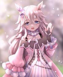  1girl animal_ears bare_shoulders blue_eyes blush breasts choker coat collar collarbone commentary_request dress ear_covers frilled_choker frilled_collar frills grey_hair hair_between_eyes horse_ears horse_girl jacket komaki_yuzu long_hair looking_at_viewer multicolored_hair off-shoulder_coat off-shoulder_dress off_shoulder open_mouth pink_coat pink_dress pink_jacket single_ear_cover smile solo streaked_hair teeth umamusume upper_teeth_only wonder_acute_(butterfly_sting)_(umamusume) wonder_acute_(umamusume) 