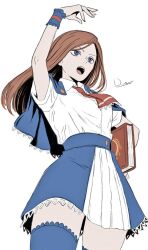  1girl arm_up ascot blue_capelet blue_eyes book brown_hair capelet castlevania:_portrait_of_ruin castlevania_(series) charlotte_aulin commentary divadiva548447 flat_color from_below long_hair open_mouth red_ascot shirt skirt solo thigh-highs white_shirt 