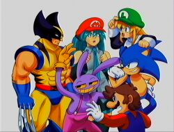  1990s_(style) 2girls 4boys adjusting_clothes adjusting_headwear android angry animal_ears animal_nose aqua_eyes aqua_hair aqua_necktie arm_hair bare_shoulders black_sleeves blonde_hair blue_eyes blue_fur blue_overalls bodysuit brown_hair claw_(weapon) clenched_hands clenched_teeth closed_mouth colored_sclera colored_teeth detached_sleeves dress facial_hair faux_retro_artstyle full_body furry furry_male gloves green_eyes green_hat grey_shirt hair_between_eyes hair_ornament hat hatsune_miku headphones headset hedgehog_boy highres jax_(the_amazing_digital_circus) jester jester_costume long_hair long_sleeves looking_at_another lueduar luigi_hat mario mario_hat marvel mask mask_lift mega_man_(classic) mega_man_(series) multicolored_bodysuit multiple_boys multiple_girls muscular muscular_male mustache necktie number_tattoo open_mouth overalls pectorals pink_overalls ponytail rabbit_boy rabbit_ears red_hat red_mask red_shirt red_shoes retro_artstyle robot_girl roll_(mega_man) scar scars_all_over shirt shoes short_hair short_tail sidelocks simple_background sleeveless sleeveless_shirt smile smirk smug sonic_(series) sonic_the_hedgehog spring_onion super_mario_bros. superhero_costume tail tattoo teeth the_amazing_digital_circus twintails two-tone_bodysuit upper_teeth_only very_long_hair vhs_artifacts vocaloid weapon white_background white_gloves wolverine_(x-men) x-men yellow_bodysuit yellow_gloves yellow_sclera yellow_teeth 